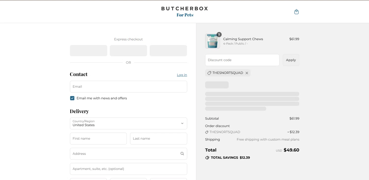 ButcherBox For Pets promo code screenshot showing code THESNORTSQUAD applied at ButcherBox For Pets checkout page. Uploaded by SimplyCodes community member BrillianteMaestro892 on Aug 10, 2025