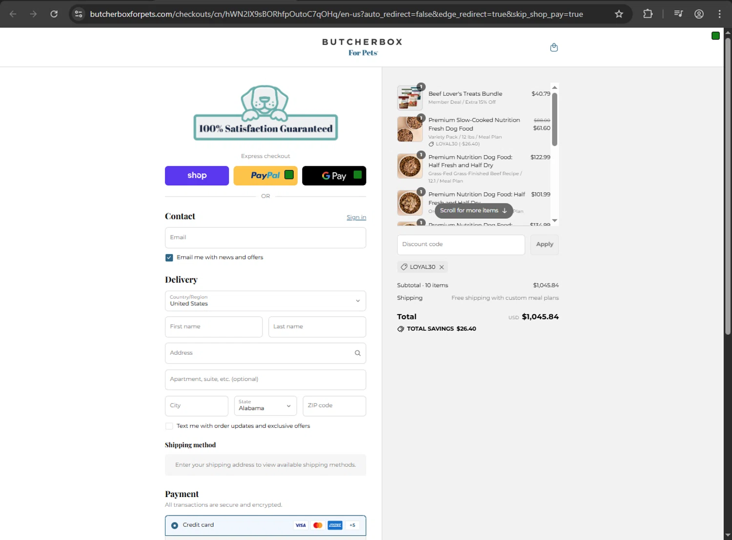 ButcherBox For Pets promo code screenshot showing code loyal30 applied at ButcherBox For Pets checkout page. Uploaded by SimplyCodes community member JakePerrox on Sep 9, 2025