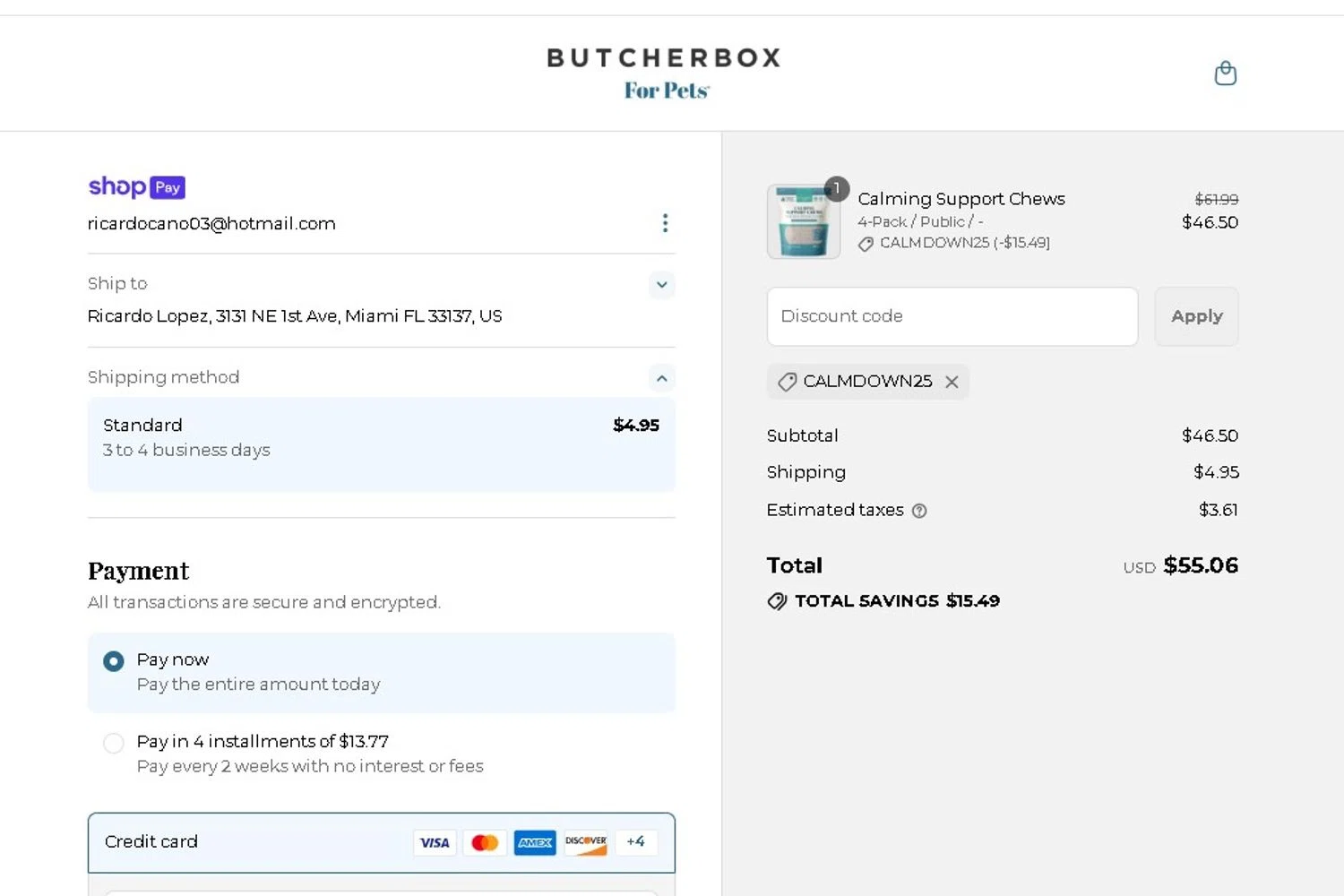 ButcherBox For Pets promo code screenshot showing code CALMDOWN25 applied at ButcherBox For Pets checkout page. Uploaded by SimplyCodes community member LAMINEJAMAL on Jul 4, 2025