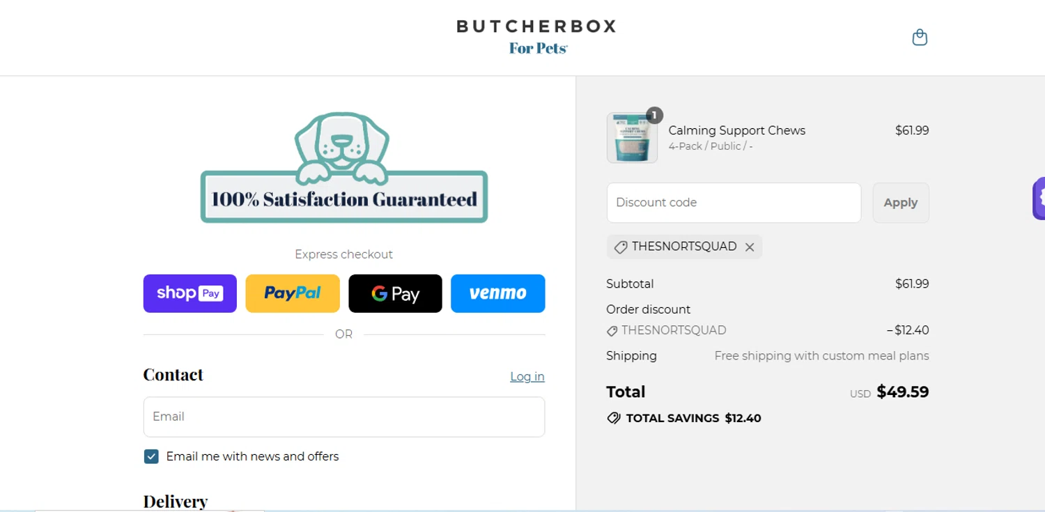 ButcherBox For Pets promo code screenshot showing code THESNORTSQUAD applied at ButcherBox For Pets checkout page. Uploaded by SimplyCodes community member KarinaHZ on Jul 4, 2025