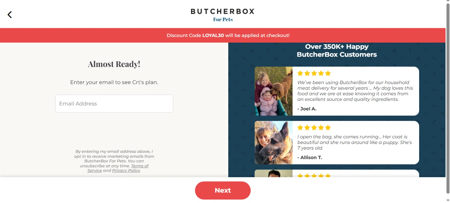 ButcherBox For Pets promo code screenshot showing code loyal30 applied at ButcherBox For Pets checkout page. Uploaded by SimplyCodes community member shark12 on Aug 14, 2025