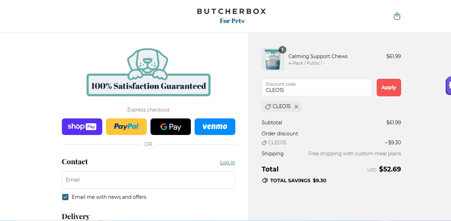 ButcherBox For Pets promo code screenshot showing code CLEO15 applied at ButcherBox For Pets checkout page. Uploaded by SimplyCodes community member shark12 on Jul 4, 2025