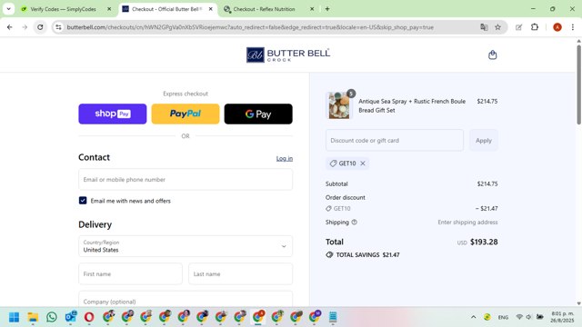 Butter Bell checkout page showing Butter Bell promo code box | Screenshot taken by SimplyCodes community member on Aug 27, 2025