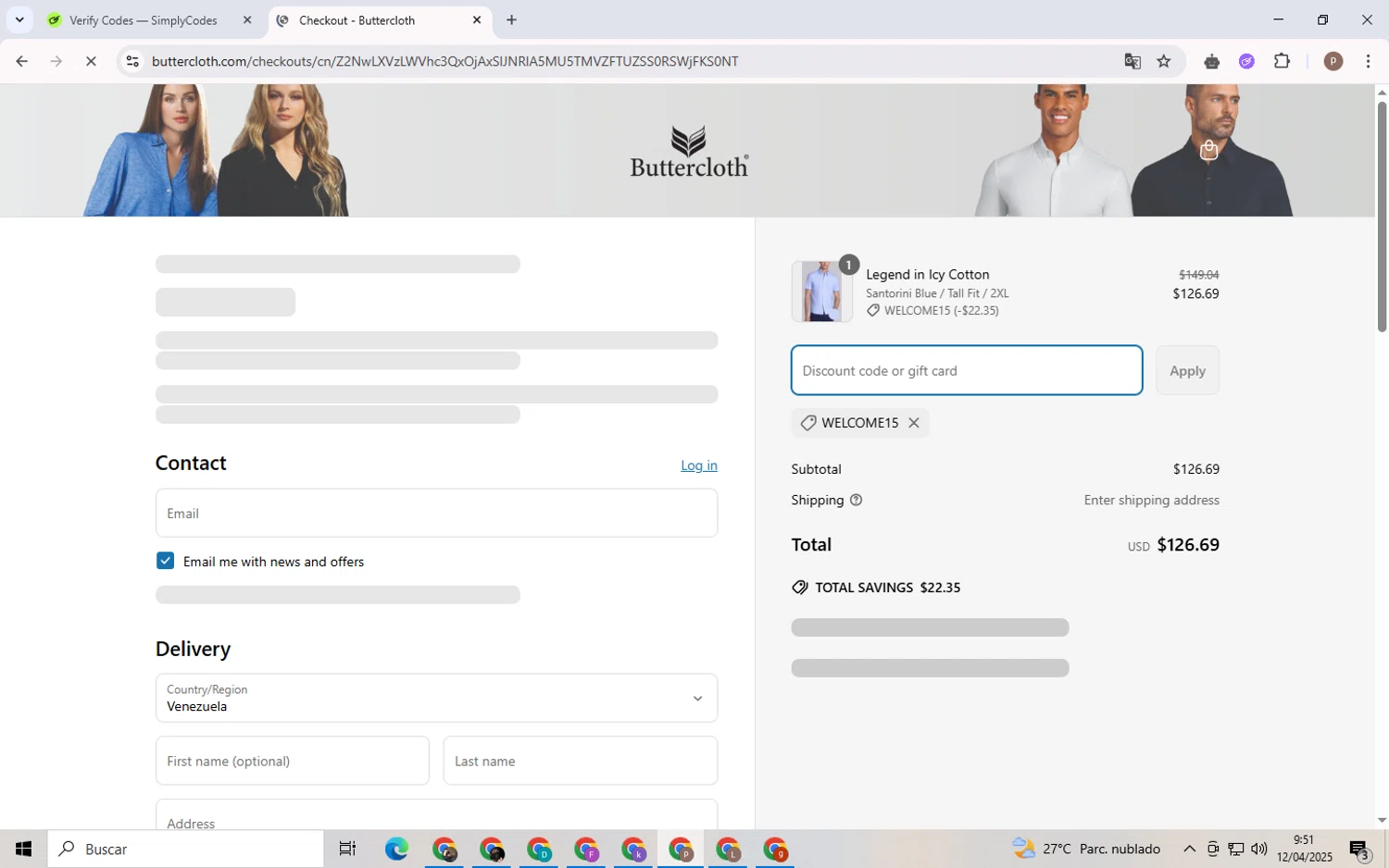 Butter Cloth discount code screenshot showing code welcome15 applied at Butter Cloth checkout page. Uploaded by SimplyCodes community member RoyalSleuth6331 on Apr 12, 2025
