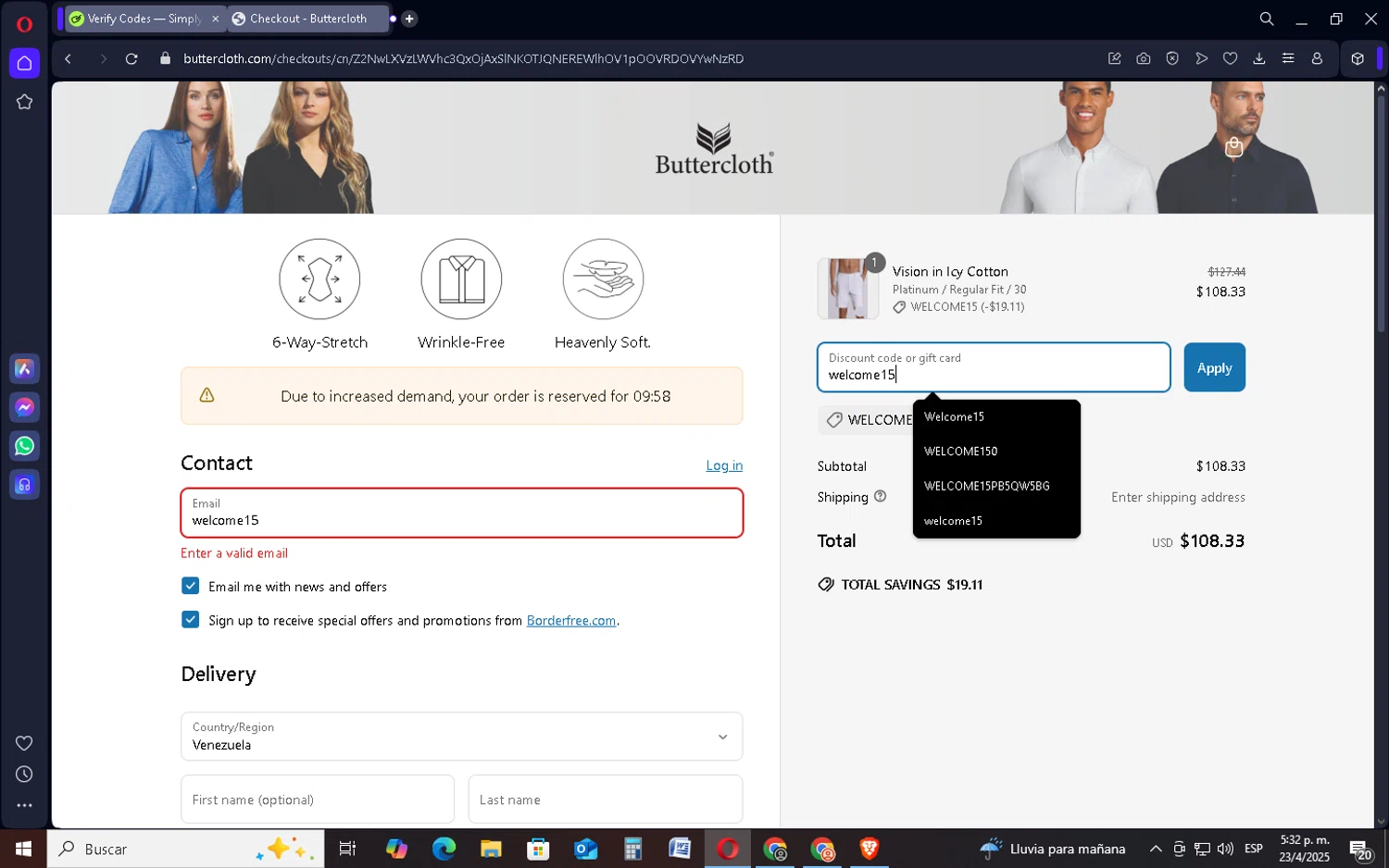 Butter Cloth discount code screenshot showing code welcome15 applied at Butter Cloth checkout page. Uploaded by SimplyCodes community member SavingsSentinel833 on Apr 23, 2025