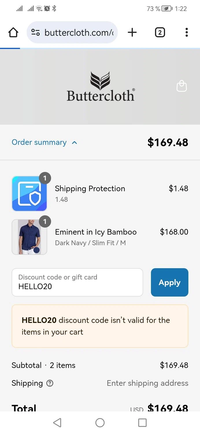 Butter Cloth discount code screenshot showing code HELLO20 applied at Butter Cloth checkout page. Uploaded by SimplyCodes community member CoinPhoenix3025 on Jul 25, 2025