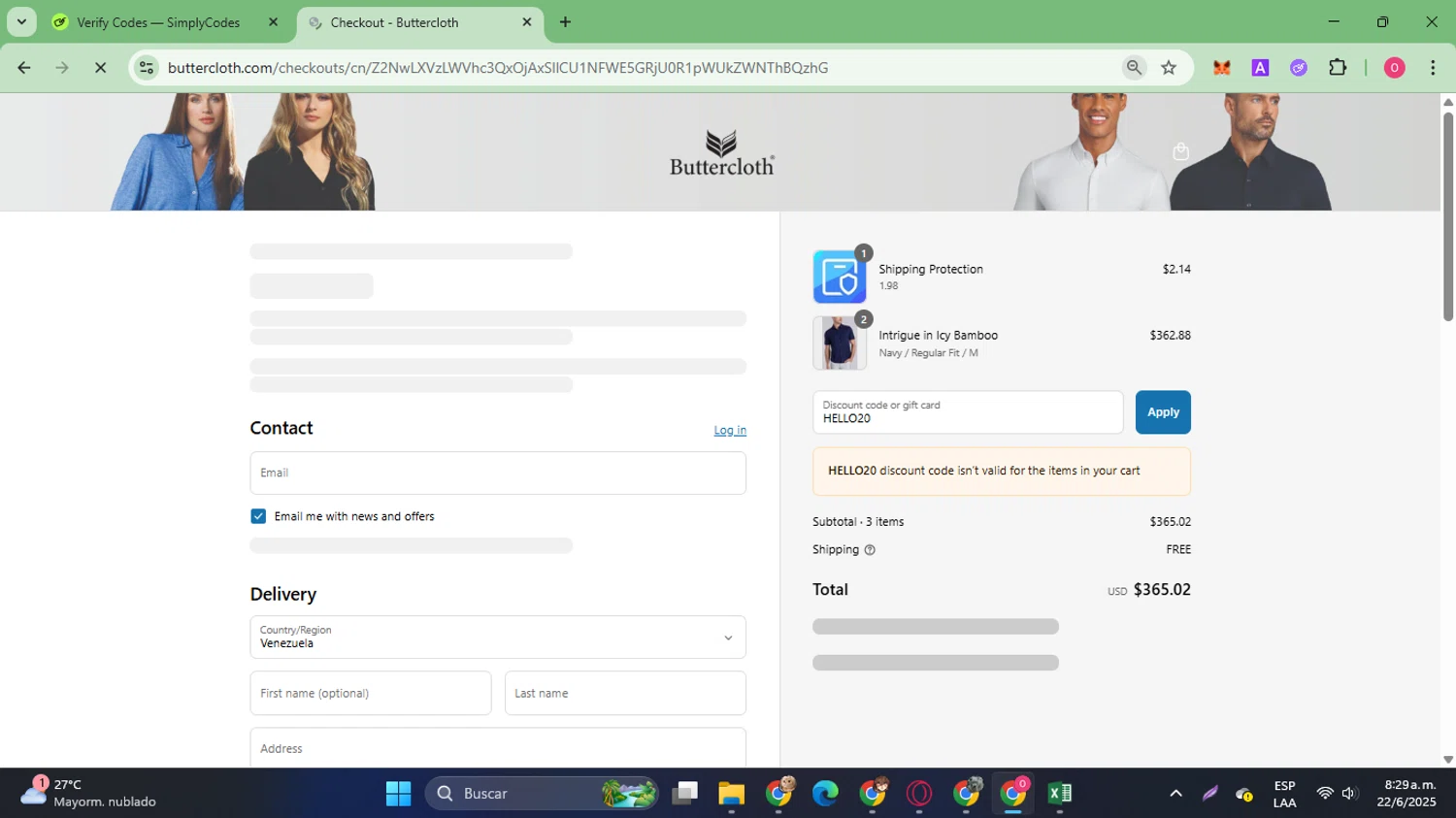 Butter Cloth discount code screenshot showing code HELLO20 applied at Butter Cloth checkout page. Uploaded by SimplyCodes community member SilverVirtuoso7221 on Jun 22, 2025