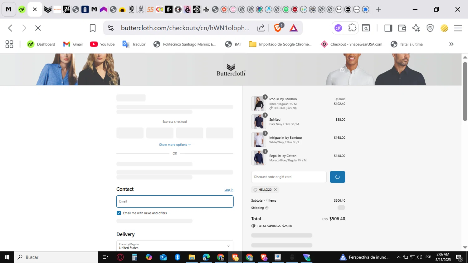 Butter Cloth discount code screenshot showing code HELLO20 applied at Butter Cloth checkout page. Uploaded by SimplyCodes community member myke_suave on Aug 15, 2025