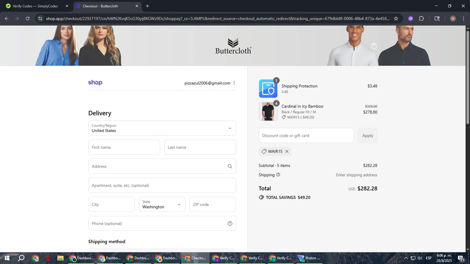 Butter Cloth discount code screenshot showing code WAIR15 applied at Butter Cloth checkout page. Uploaded by SimplyCodes community member DiscountPioneer2554 on Aug 28, 2025