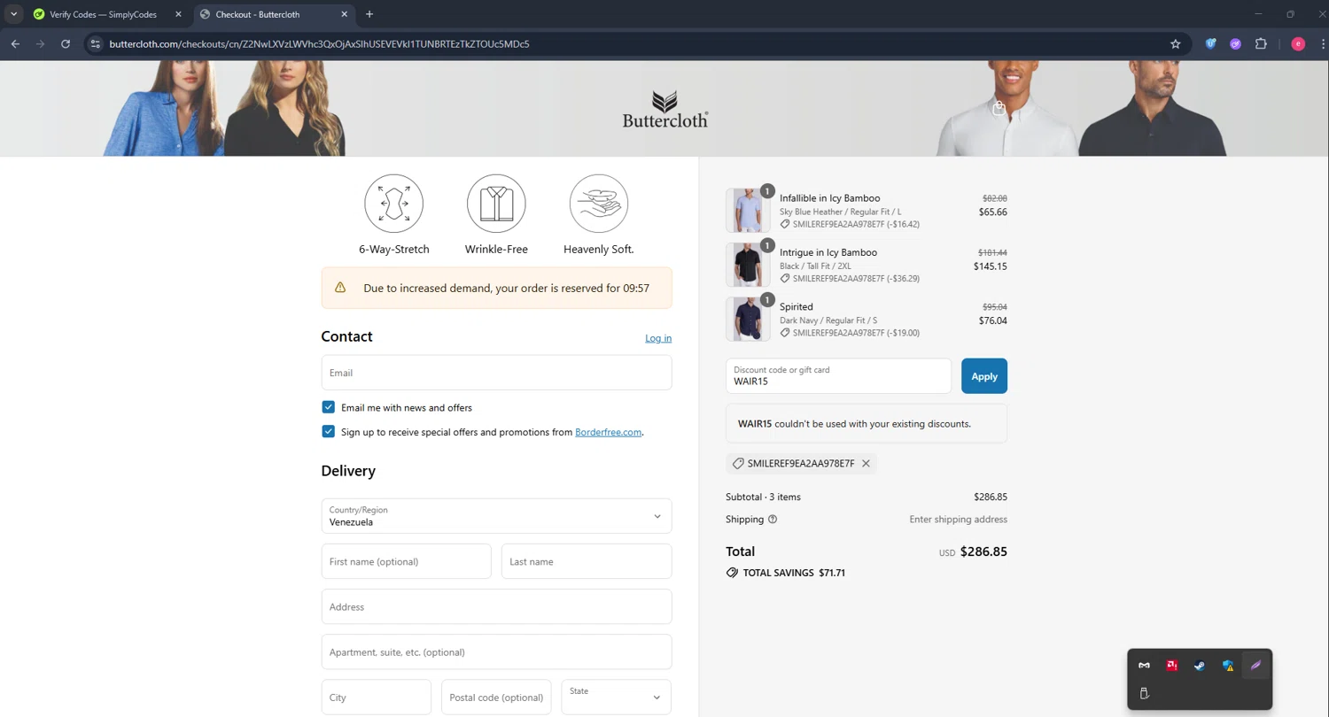 Butter Cloth discount code screenshot showing code WAIR15 applied at Butter Cloth checkout page. Uploaded by SimplyCodes community member TreasureWarden457 on Jul 17, 2025