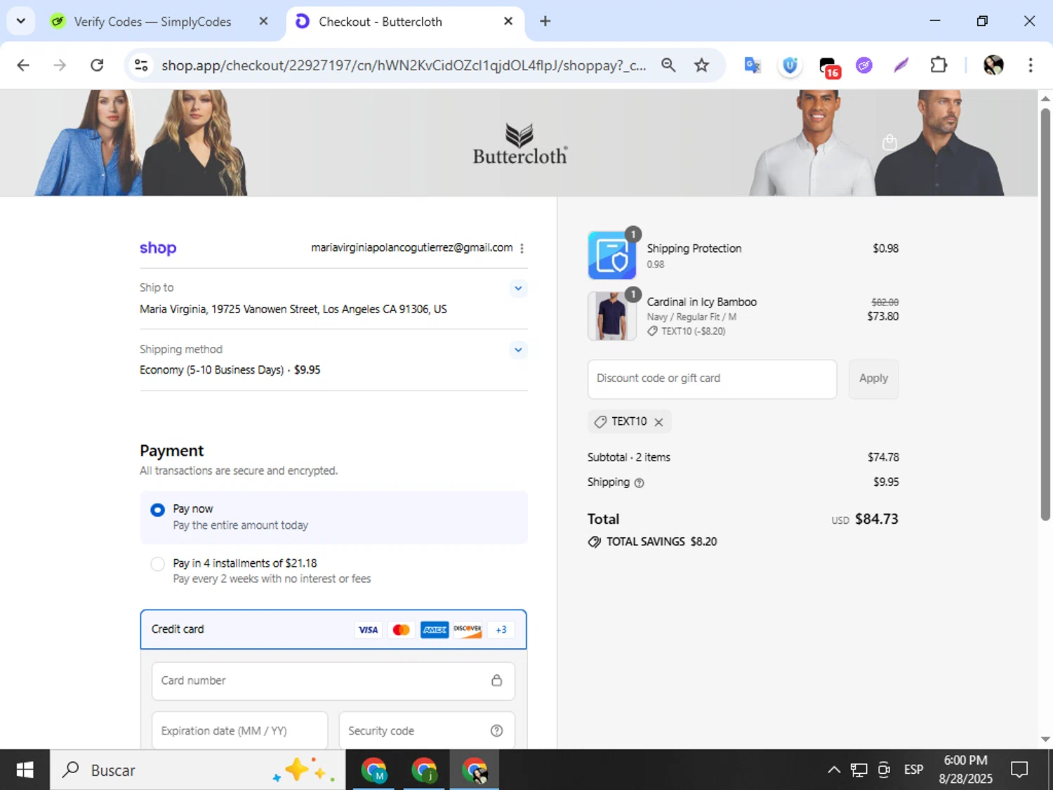 Butter Cloth discount code screenshot showing code text10 applied at Butter Cloth checkout page. Uploaded by SimplyCodes community member mariapolancog on Aug 28, 2025