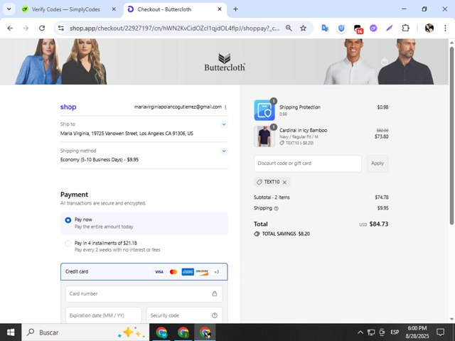 Butter Cloth checkout page showing Butter Cloth discount code box | Screenshot taken by SimplyCodes community member on Aug 28, 2025