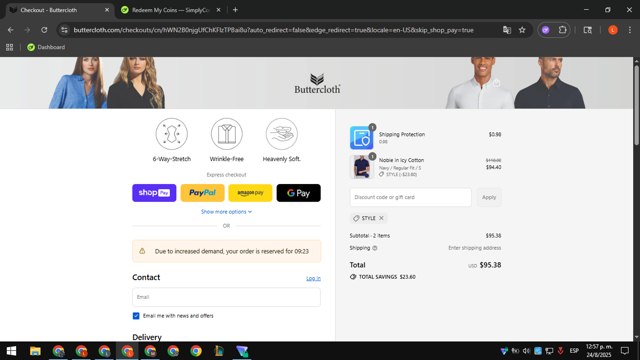 Butter Cloth checkout page showing Butter Cloth discount code box | Screenshot taken by SimplyCodes community member on Aug 24, 2025
