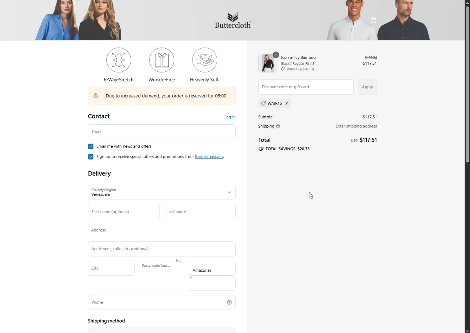 Butter Cloth discount code screenshot showing code WAIR15 applied at Butter Cloth checkout page. Uploaded by SimplyCodes community member Hei201 on Jul 13, 2025