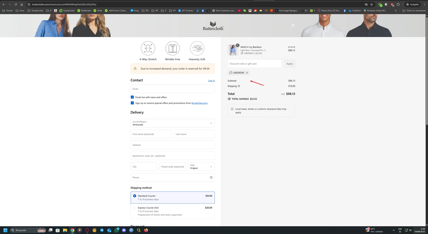 Butter Cloth discount code screenshot showing code LABORDAY applied at Butter Cloth checkout page. Uploaded by SimplyCodes community member UnkNownVnzla on Aug 29, 2025