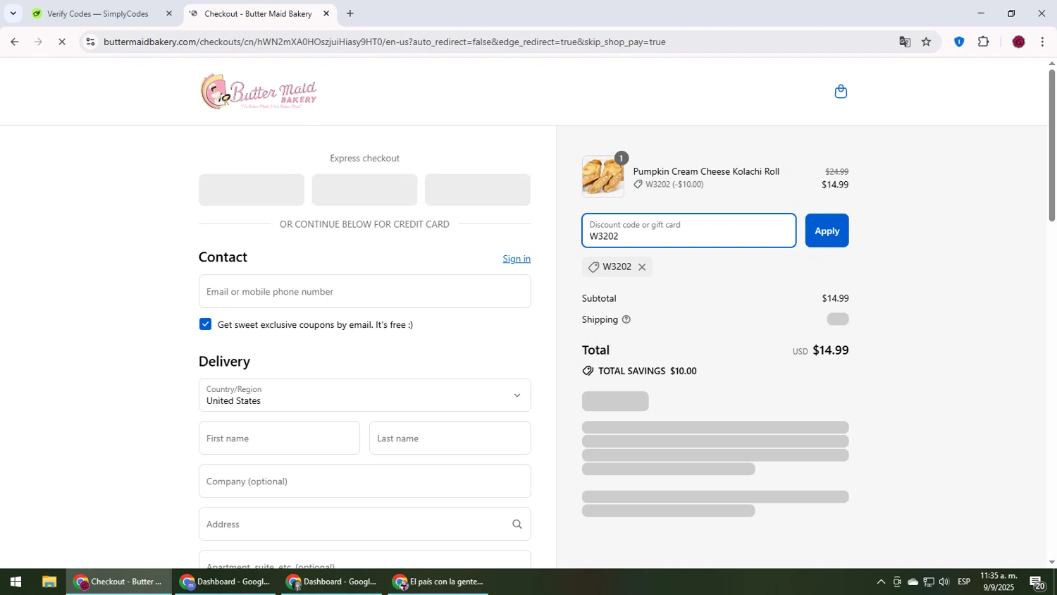 Butter Maid Bakery promo code screenshot showing code W3202 applied at Butter Maid Bakery checkout page. Uploaded by SimplyCodes community member MightyLegend6657 on Sep 9, 2025
