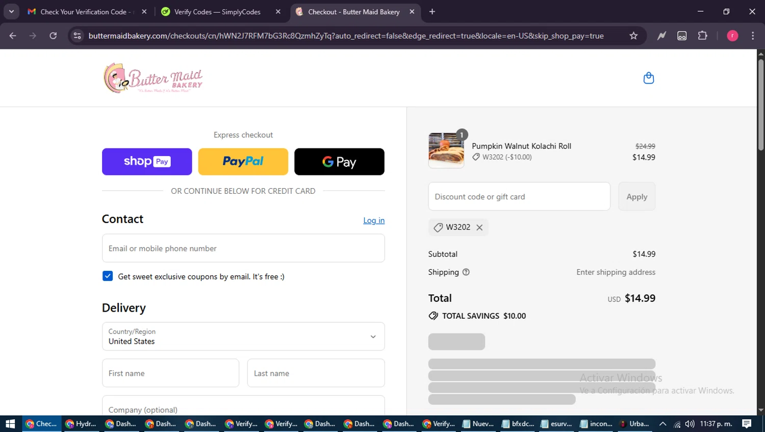 Butter Maid Bakery promo code screenshot showing code W3202 applied at Butter Maid Bakery checkout page. Uploaded by SimplyCodes community member WisePro3739 on Aug 28, 2025