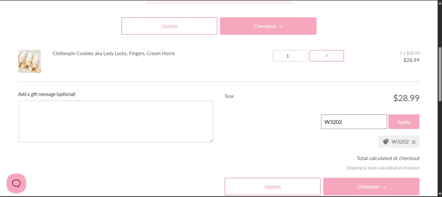 Butter Maid Bakery promo code screenshot showing code W3202 applied at Butter Maid Bakery checkout page. Uploaded by SimplyCodes community member noworries on Dec 6, 2025