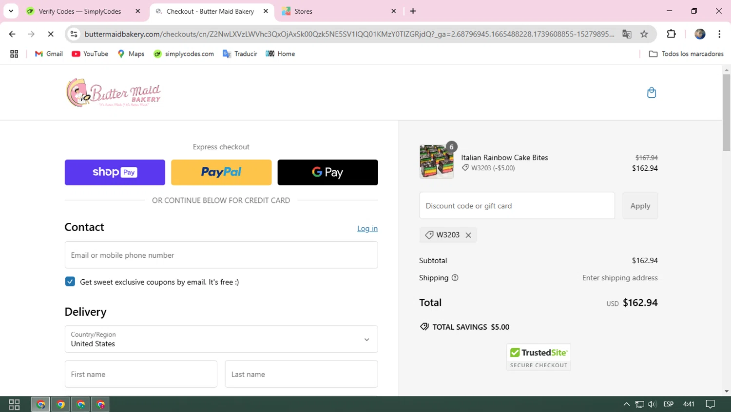 Butter Maid Bakery promo code screenshot showing code W3203 applied at Butter Maid Bakery checkout page. Uploaded by SimplyCodes community member ELROJO on Feb 15, 2025
