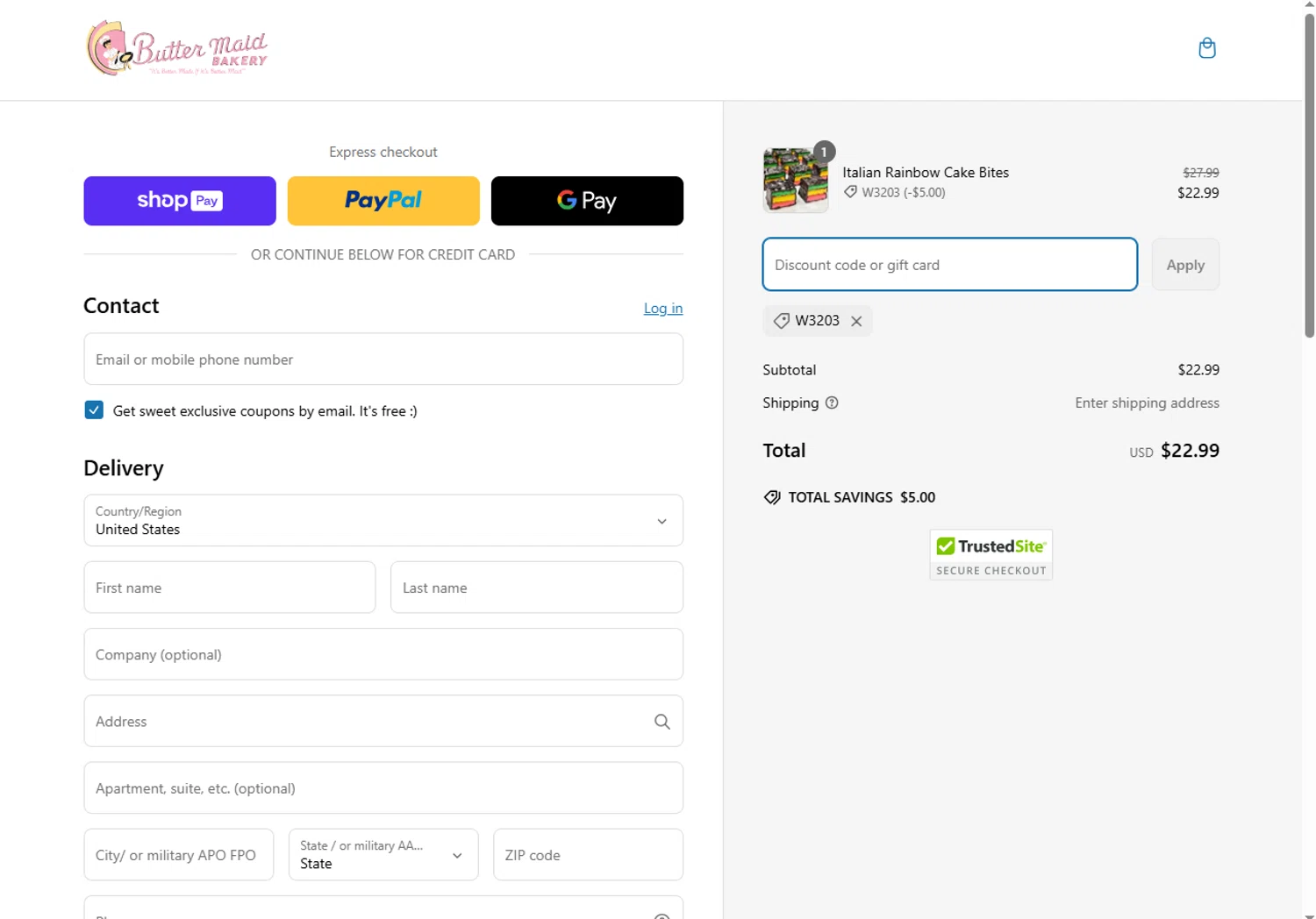 Butter Maid Bakery promo code screenshot showing code W3203 applied at Butter Maid Bakery checkout page. Uploaded by SimplyCodes community member ScanSpotter1700 on Mar 8, 2025