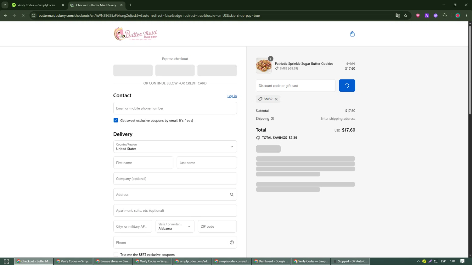 Butter Maid Bakery promo code screenshot showing code BM82 applied at Butter Maid Bakery checkout page. Uploaded by SimplyCodes community member Michael_Brown on Aug 23, 2025
