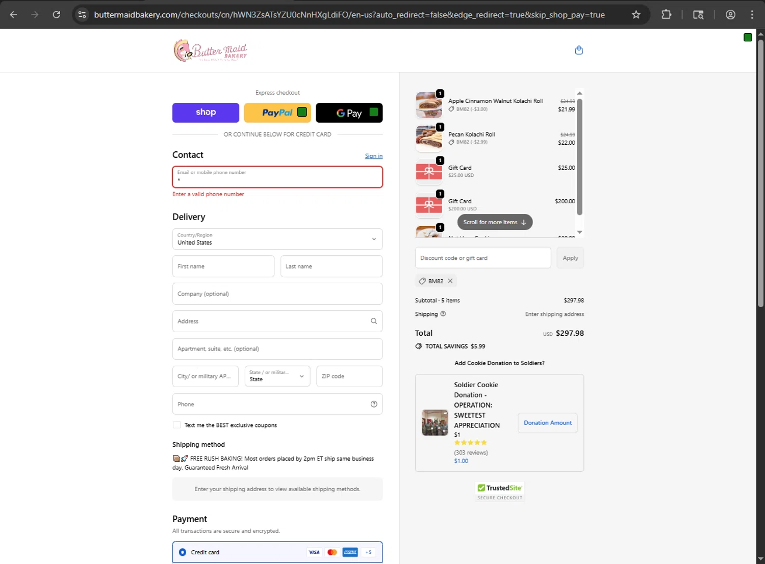 Butter Maid Bakery promo code screenshot showing code BM82 applied at Butter Maid Bakery checkout page. Uploaded by SimplyCodes community member megagei on Sep 30, 2025
