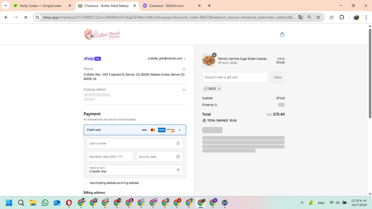 Butter Maid Bakery promo code screenshot showing code BM23 applied at Butter Maid Bakery checkout page. Uploaded by SimplyCodes community member FundoEsperanza on Jul 24, 2025