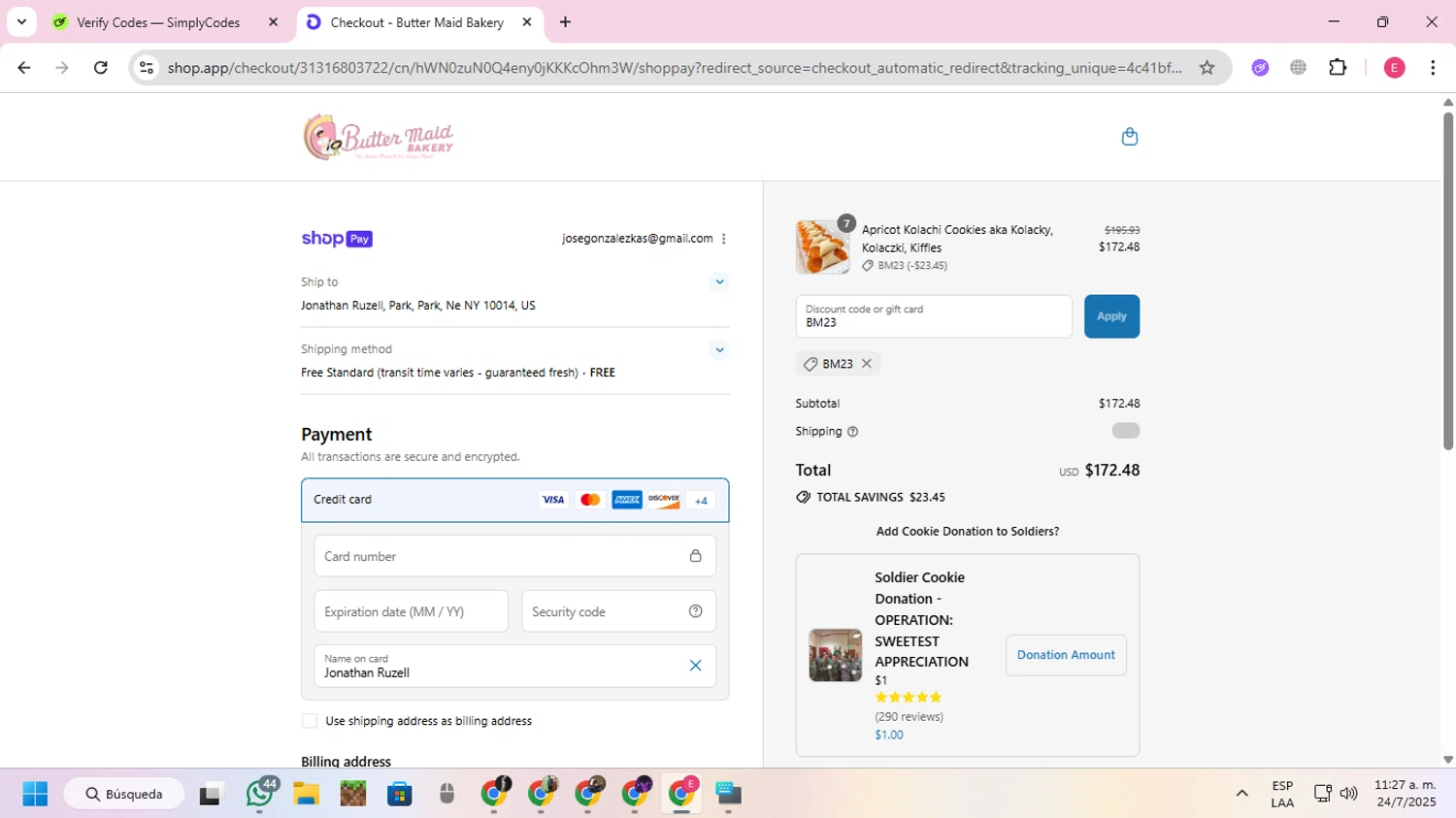 Butter Maid Bakery promo code screenshot showing code BM23 applied at Butter Maid Bakery checkout page. Uploaded by SimplyCodes community member VoucherExpert2930 on Jul 24, 2025