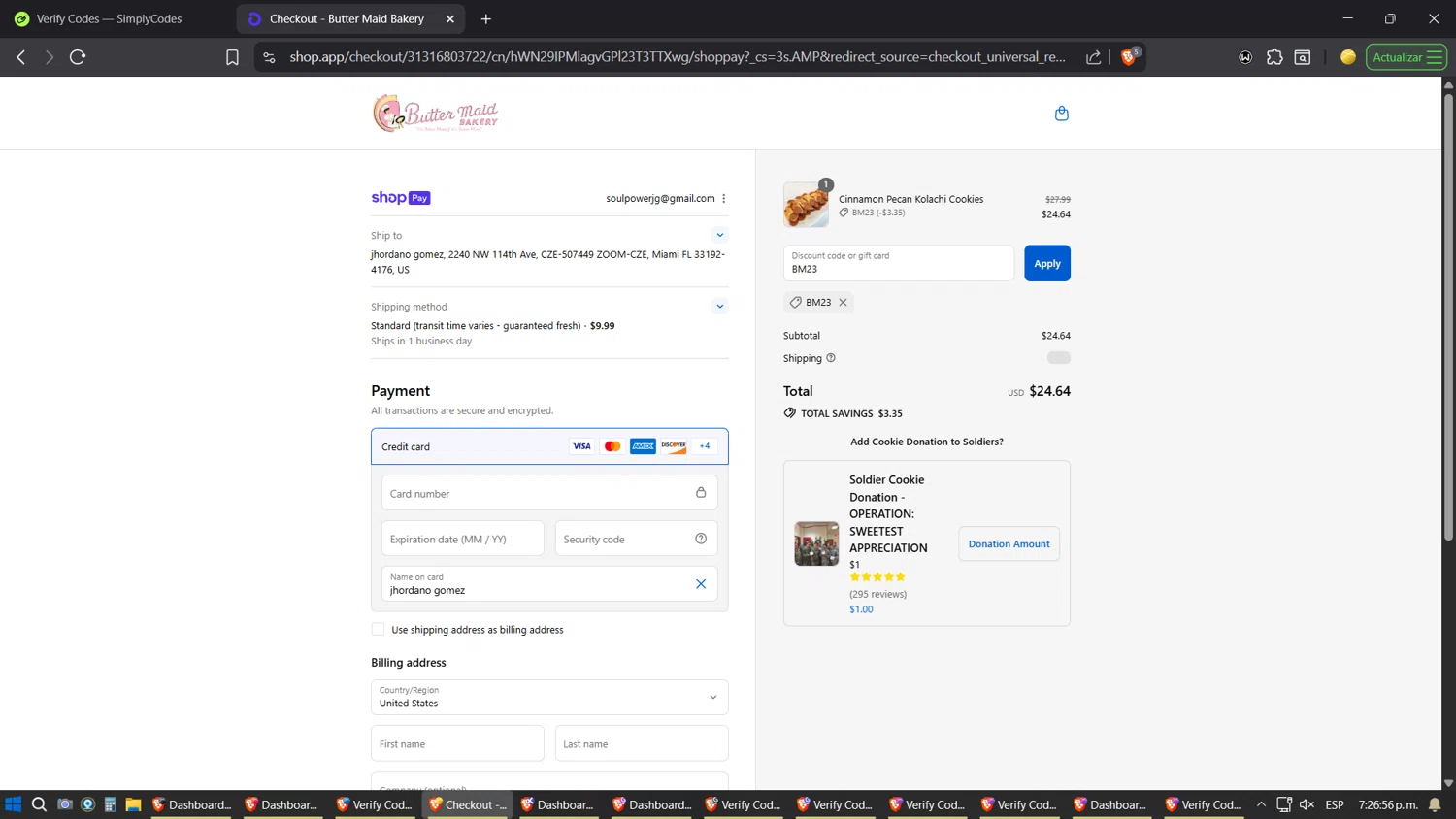 Butter Maid Bakery promo code screenshot showing code BM23 applied at Butter Maid Bakery checkout page. Uploaded by SimplyCodes community member ZoilaPerrita on Aug 23, 2025