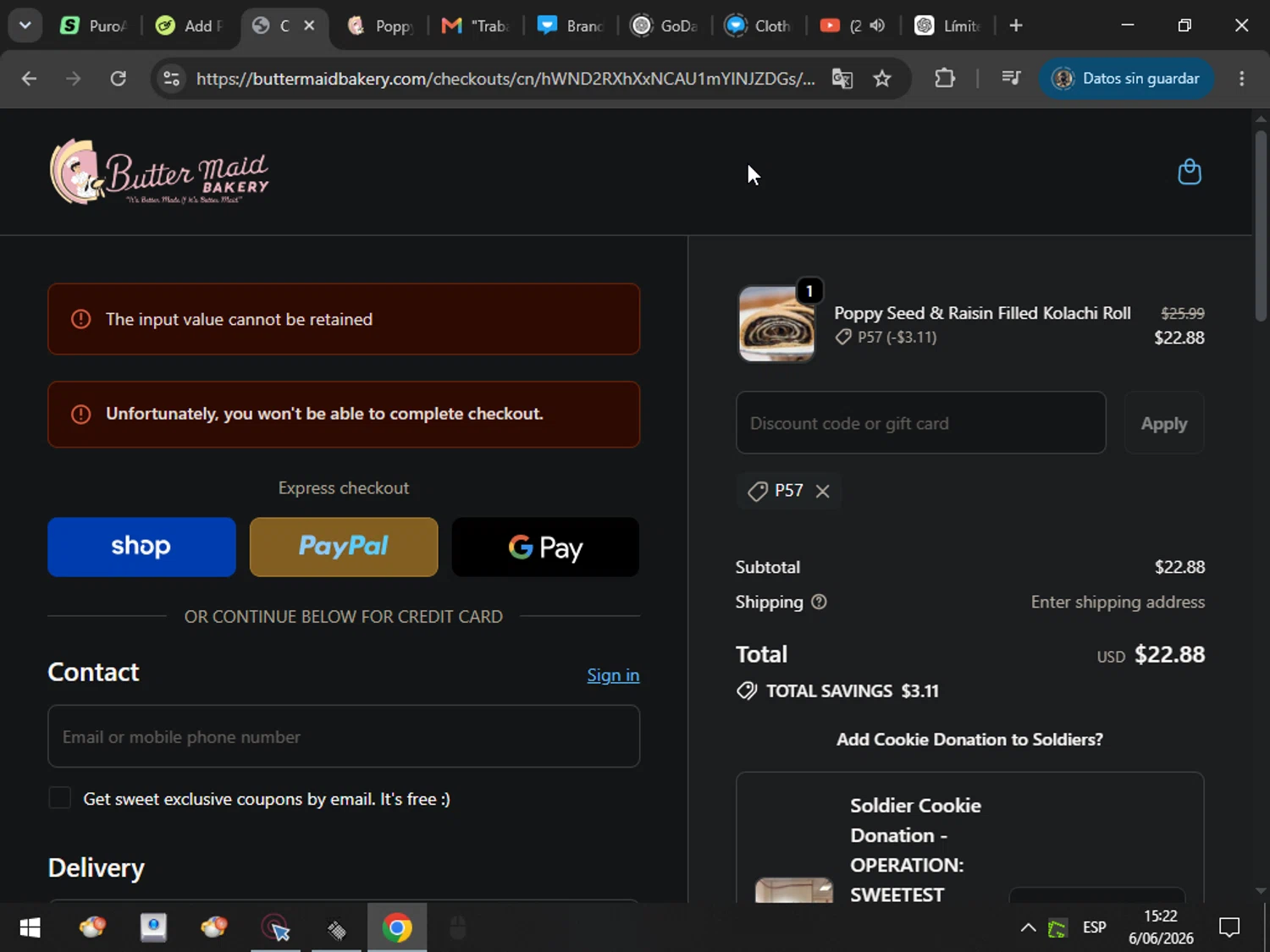 Butter Maid Bakery promo code screenshot showing code P57 applied at Butter Maid Bakery checkout page. Uploaded by SimplyCodes community member MarcosAranguren on Jun 6, 2026