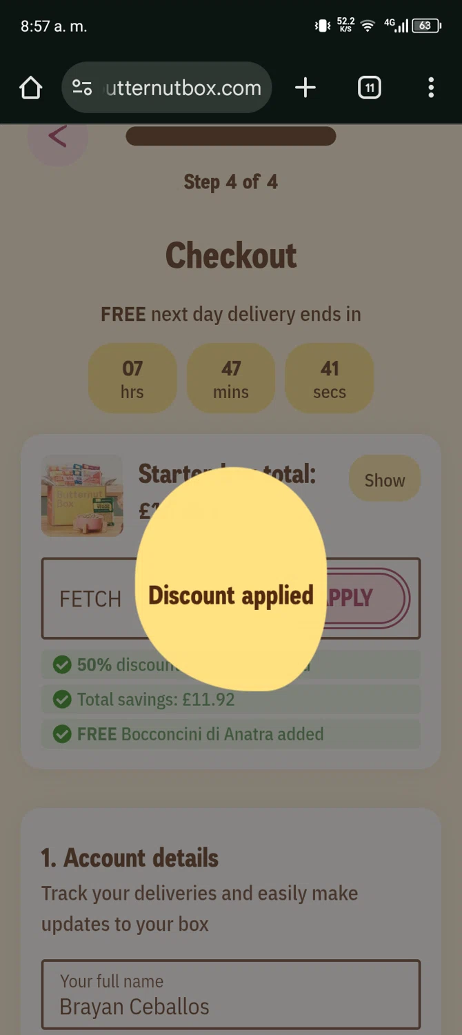 Butternut Box promo code screenshot showing code FETCH applied at Butternut Box checkout page. Uploaded by SimplyCodes community member Bernado on Jan 30, 2026