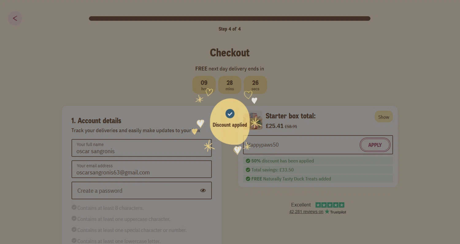 Butternut Box promo code screenshot showing code Happypaws50 applied at Butternut Box checkout page. Uploaded by SimplyCodes community member Frionel_Pessi on Jan 30, 2026