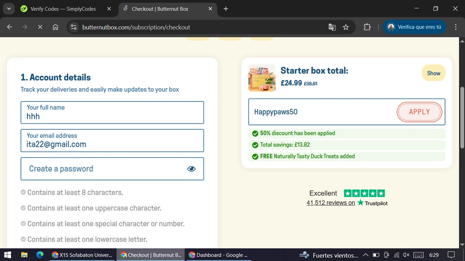 Butternut Box promo code screenshot showing code Happypaws50 applied at Butternut Box checkout page. Uploaded by SimplyCodes community member ariannycfh on Dec 22, 2025