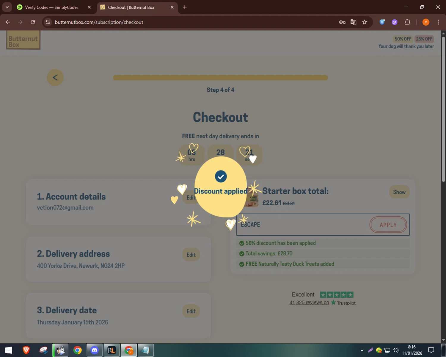 Butternut Box promo code screenshot showing code ESCAPE applied at Butternut Box checkout page. Uploaded by SimplyCodes community member bulbasaur69 on Jan 11, 2026