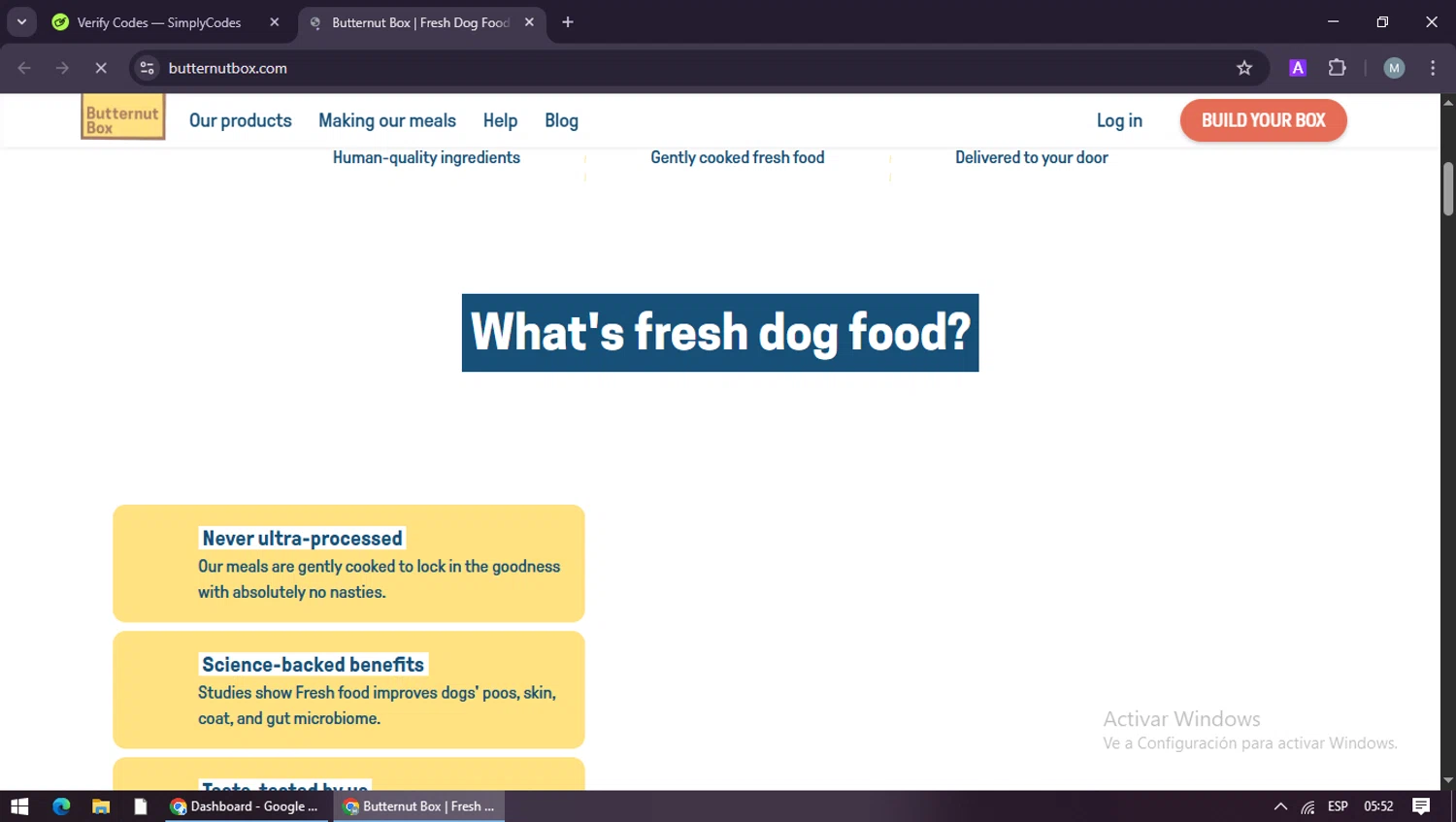 Butternut Box promo code screenshot showing code Alison985 applied at Butternut Box checkout page. Uploaded by SimplyCodes community member maraxo on Jan 6, 2026