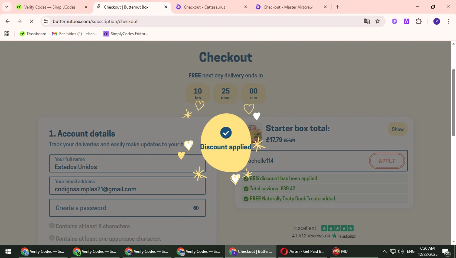 Butternut Box promo code screenshot showing code Rochelle114 applied at Butternut Box checkout page. Uploaded by SimplyCodes community member Suicune on Dec 22, 2025