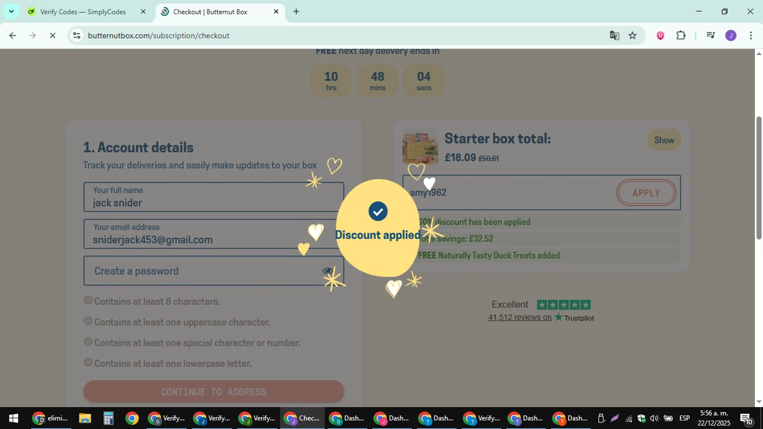 Butternut Box promo code screenshot showing code amy1962 applied at Butternut Box checkout page. Uploaded by SimplyCodes community member sniderjack453 on Dec 22, 2025