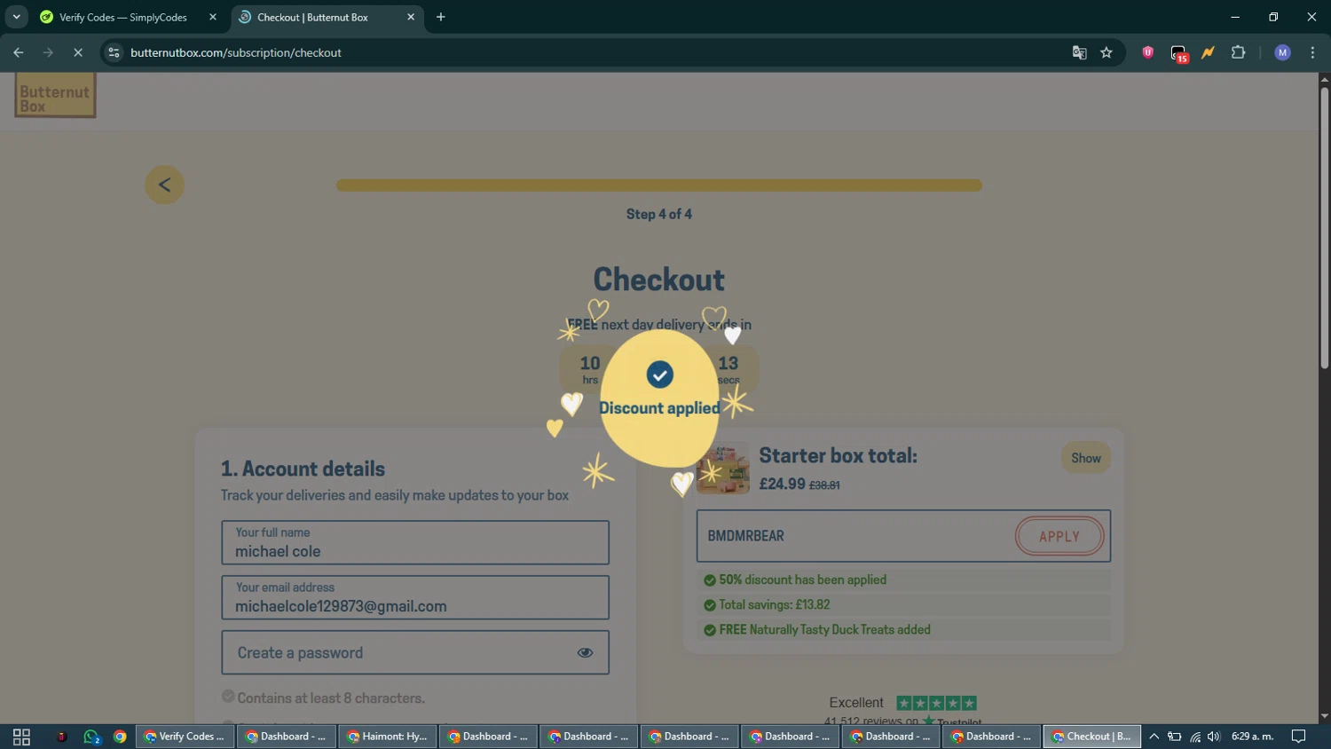 Butternut Box promo code screenshot showing code BMDMRBEAR applied at Butternut Box checkout page. Uploaded by SimplyCodes community member VoucherCurator824 on Dec 22, 2025
