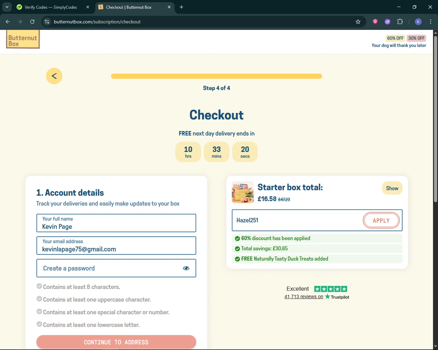 Butternut Box promo code screenshot showing code Hazel251 applied at Butternut Box checkout page. Uploaded by SimplyCodes community member KevLapage on Jan 6, 2026