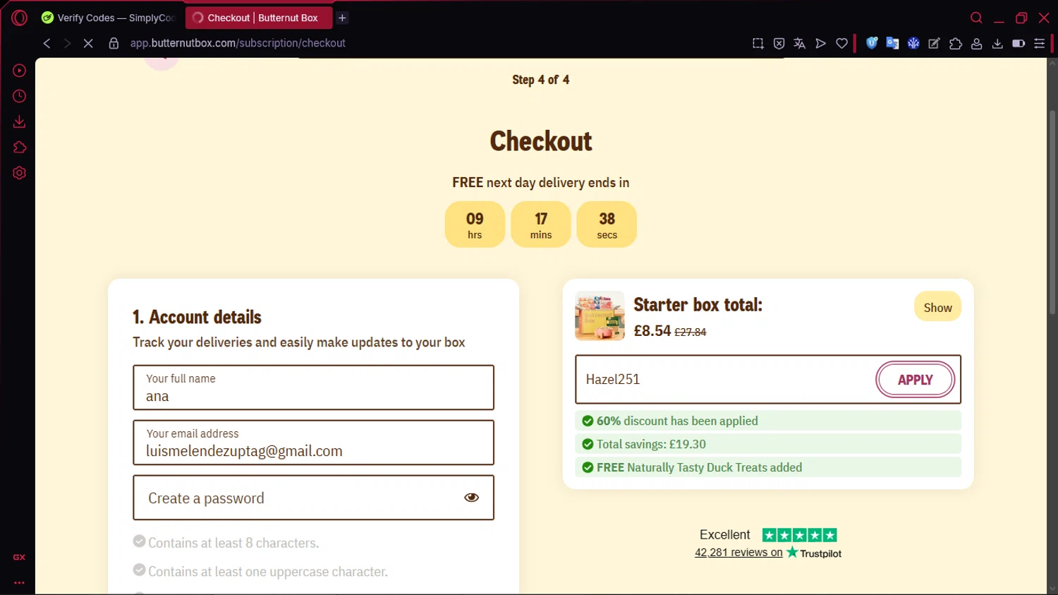 Butternut Box promo code screenshot showing code Hazel251 applied at Butternut Box checkout page. Uploaded by SimplyCodes community member TOLUENO on Jan 30, 2026