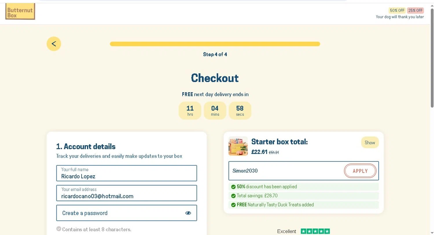 Butternut Box promo code screenshot showing code Simon2030 applied at Butternut Box checkout page. Uploaded by SimplyCodes community member LAMINEJAMAL on Jan 6, 2026