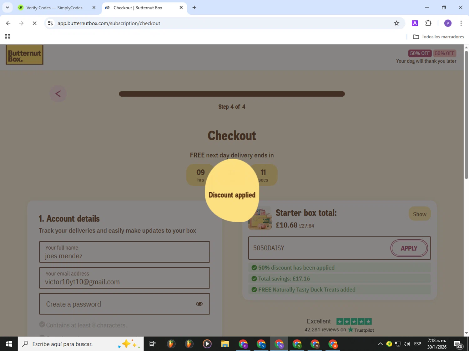 Butternut Box promo code screenshot showing code 5050DAISY applied at Butternut Box checkout page. Uploaded by SimplyCodes community member Gianpiero on Jan 30, 2026