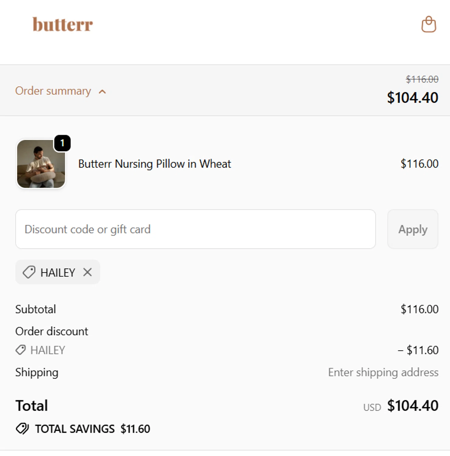 Butterr promo code screenshot showing code HAILEY applied at Butterr checkout page. Uploaded by SimplyCodes community member TULA515 on Oct 27, 2025