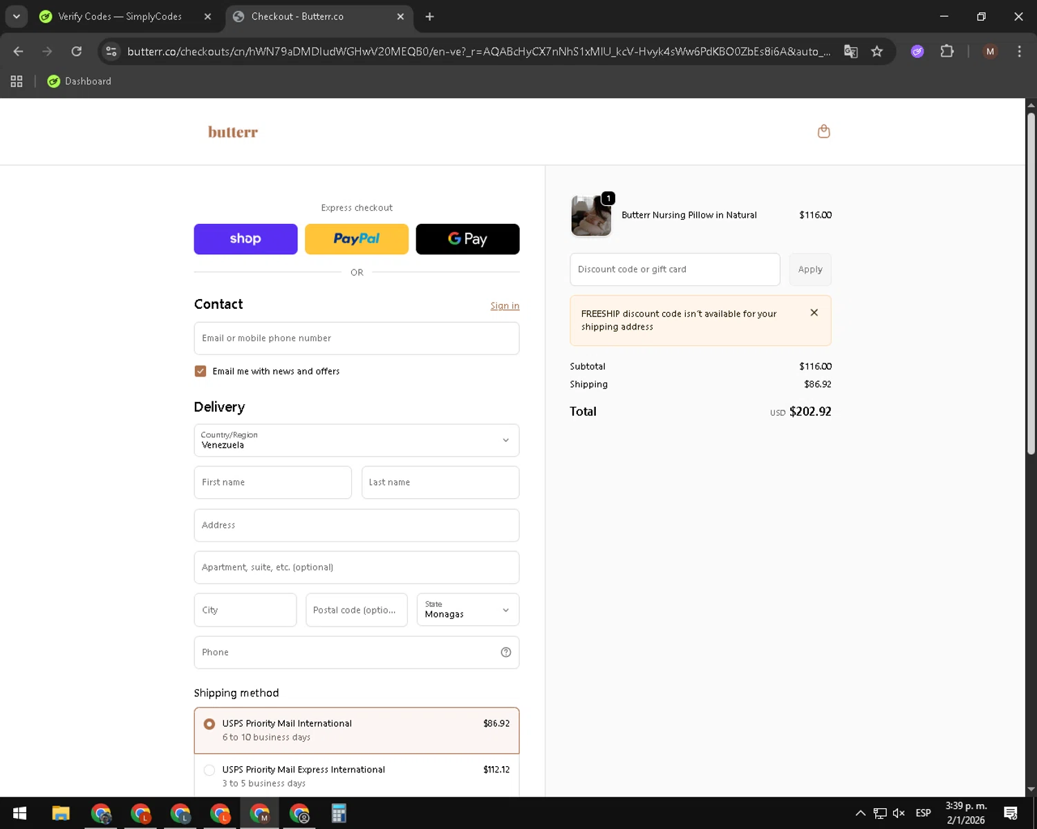 Butterr promo code screenshot showing code FREESHIP applied at Butterr checkout page. Uploaded by SimplyCodes community member CouponWizard2714 on Jan 2, 2026