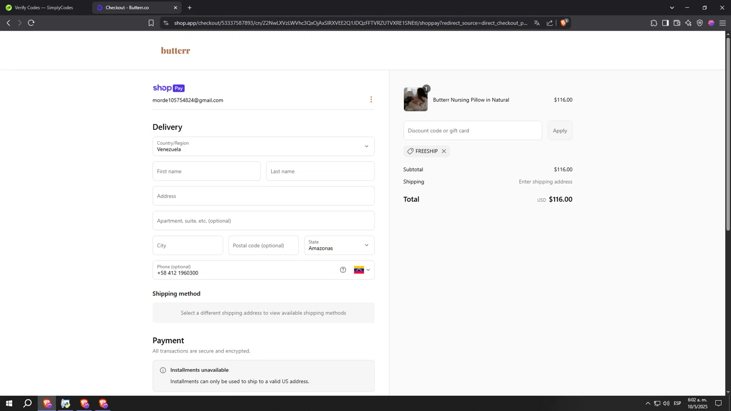 Butterr promo code screenshot showing code FREESHIP applied at Butterr checkout page. Uploaded by SimplyCodes community member aaaaaaaaaaaaaaaaaaaaa on May 10, 2025