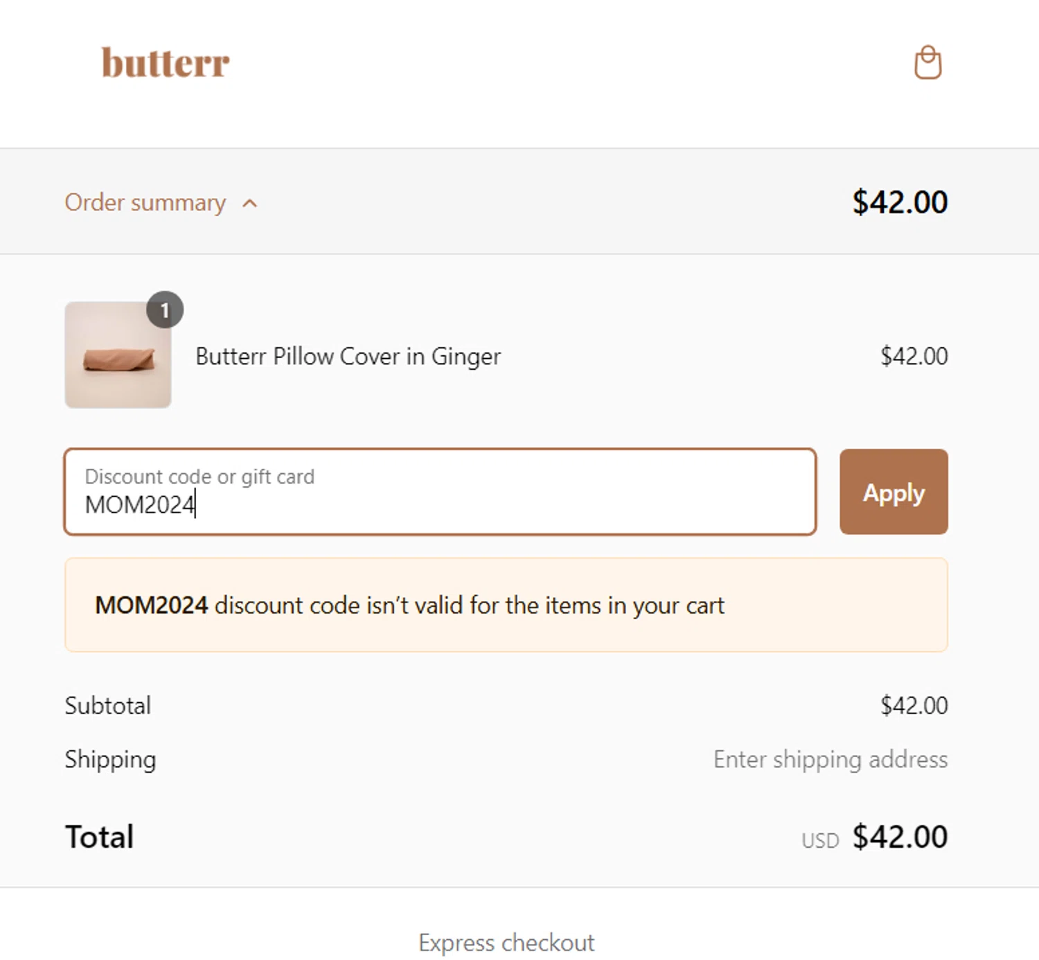 Butterr promo code screenshot showing code MOM2024 applied at Butterr checkout page. Uploaded by SimplyCodes community member Coolemorestt on Feb 13, 2025
