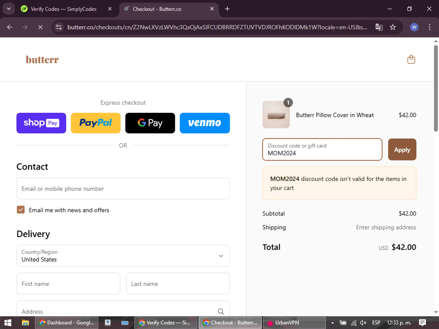 Butterr promo code screenshot showing code MOM2024 applied at Butterr checkout page. Uploaded by SimplyCodes community member VoucherElite7352 on Mar 27, 2025