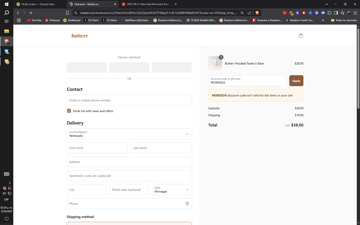 Butterr promo code screenshot showing code MOM2024 applied at Butterr checkout page. Uploaded by SimplyCodes community member ilarrazaM1 on Jun 22, 2025