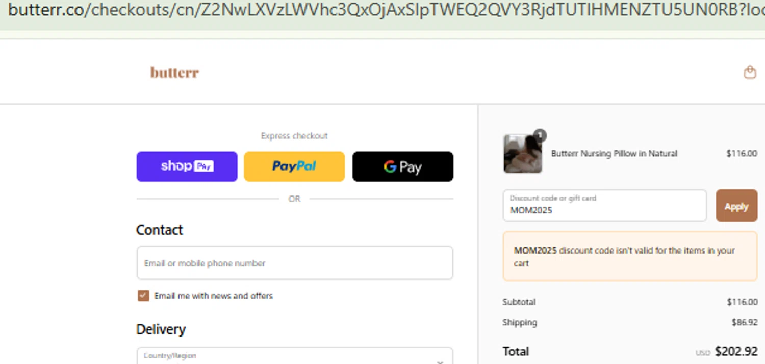Butterr promo code screenshot showing code MOM2025 applied at Butterr checkout page. Uploaded by SimplyCodes community member CashMaestro9337 on Jul 10, 2025