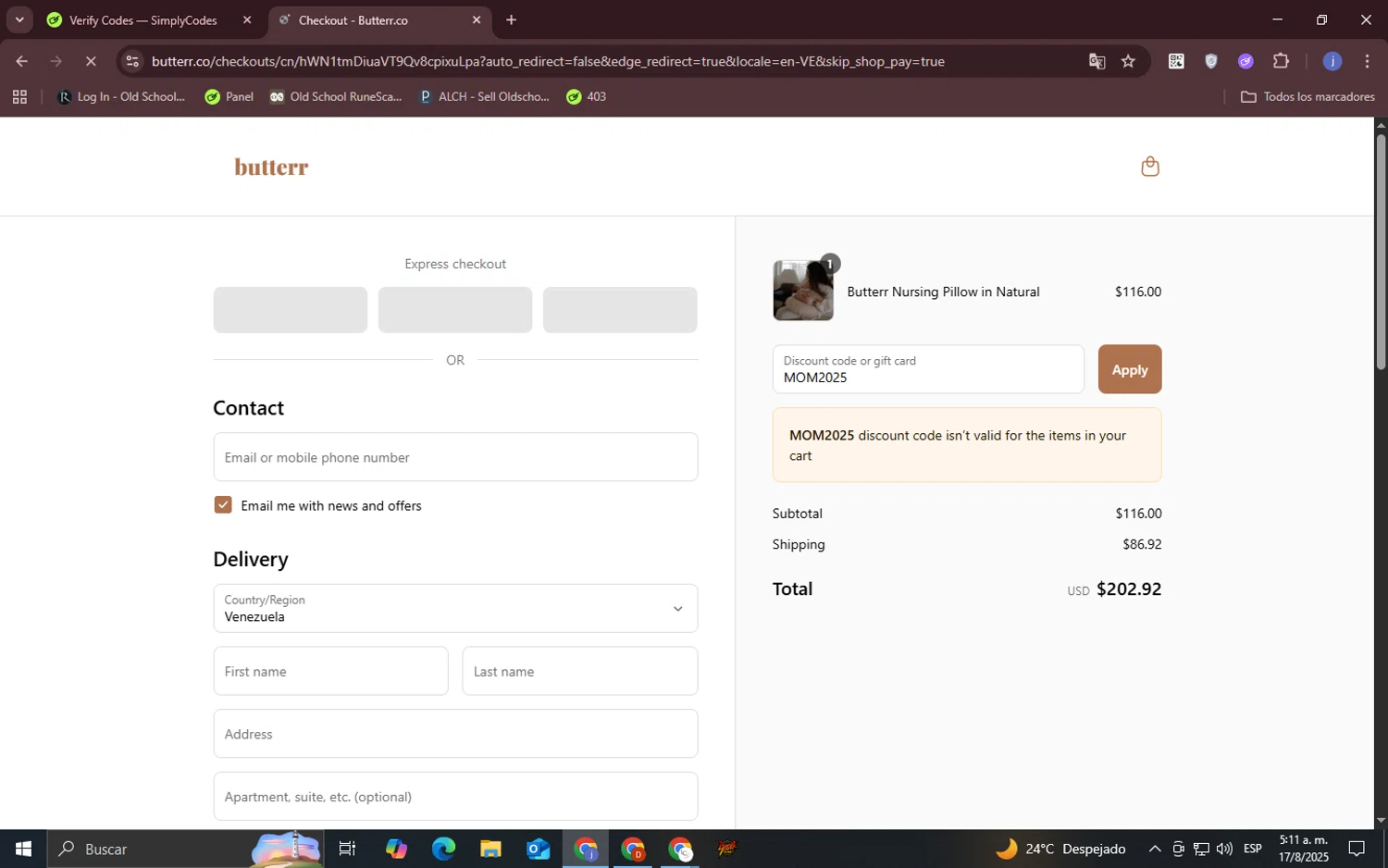 Butterr promo code screenshot showing code MOM2025 applied at Butterr checkout page. Uploaded by SimplyCodes community member CouponOwl5049 on Aug 17, 2025